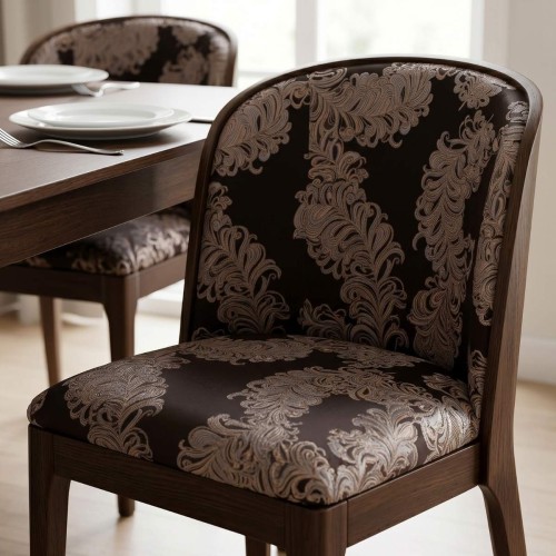 Brązowa tkanina tapicerska żakardowa Diva w barokowe wzory – Polskie Tkaniny aranżacja krzesło