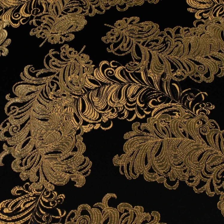 Złoto-czarna tkanina tapicerska żakardowa Diva ze świetlistym, barokowym wzorem – oferta Polskie Tkaniny