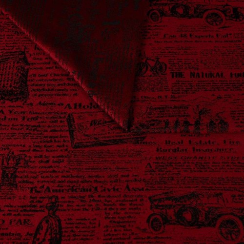 Czerwona tkanina obiciowa Oldpress z tkanym wzorem starej gazety – Polskie Tkaniny