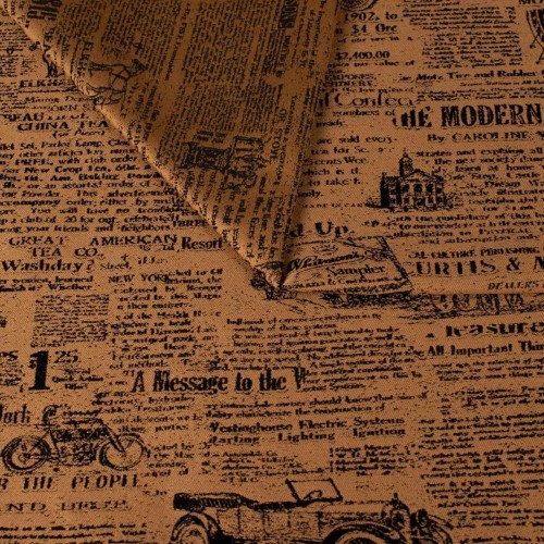 Złota tkanina obiciowa Oldpress z tkanym wzorem starej gazety – Polskie Tkaniny