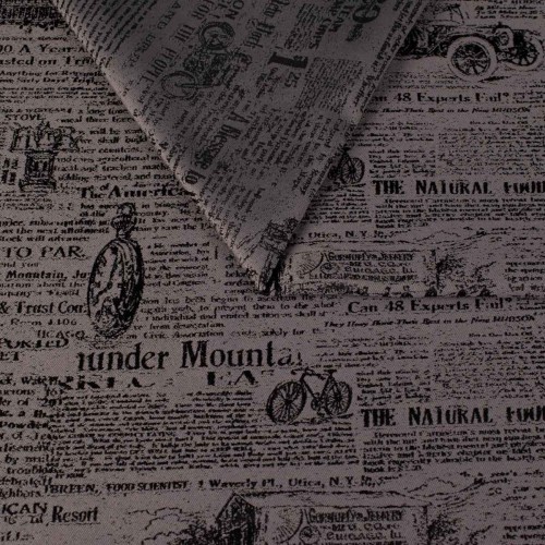 Popielata tkanina obiciowa Oldpress z tkanym wzorem starej gazety – Polskie Tkaniny