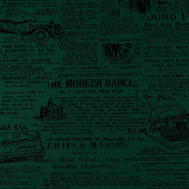 Zielona tkanina obiciowa Oldpress z tkanym wzorem starej gazety – Polskie Tkaniny