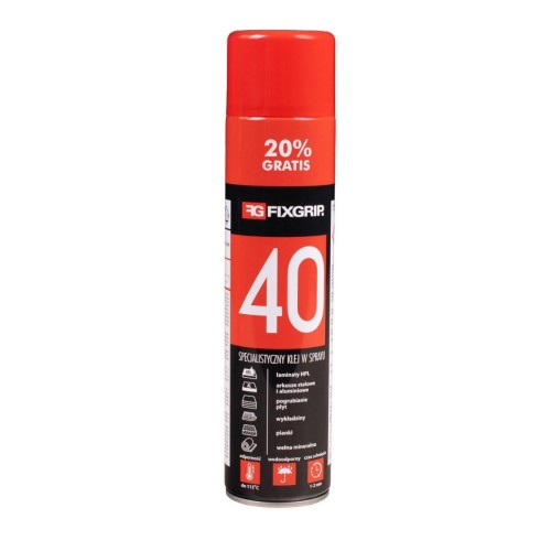 Klej Fixgrip 40 profesjonalny klej kontaktowy w sprayu o wyjątkowej sile wiązania. Stworzony dla tapicerów, stolarzy i producentów mebli, idealny do laminatów HPL, metalu, pianek, skóry i wielu innych materiałów.