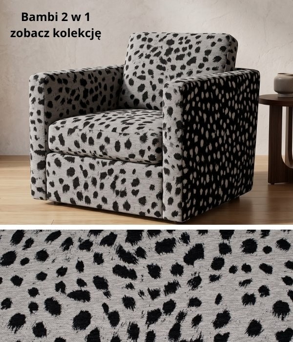 Baner promujący tkaninę tapicerską Bambi 2w1. Zbliżenie na fakturę żakardową we wzór zwierzęcy oraz fotel obity dwustronnym materiałem.